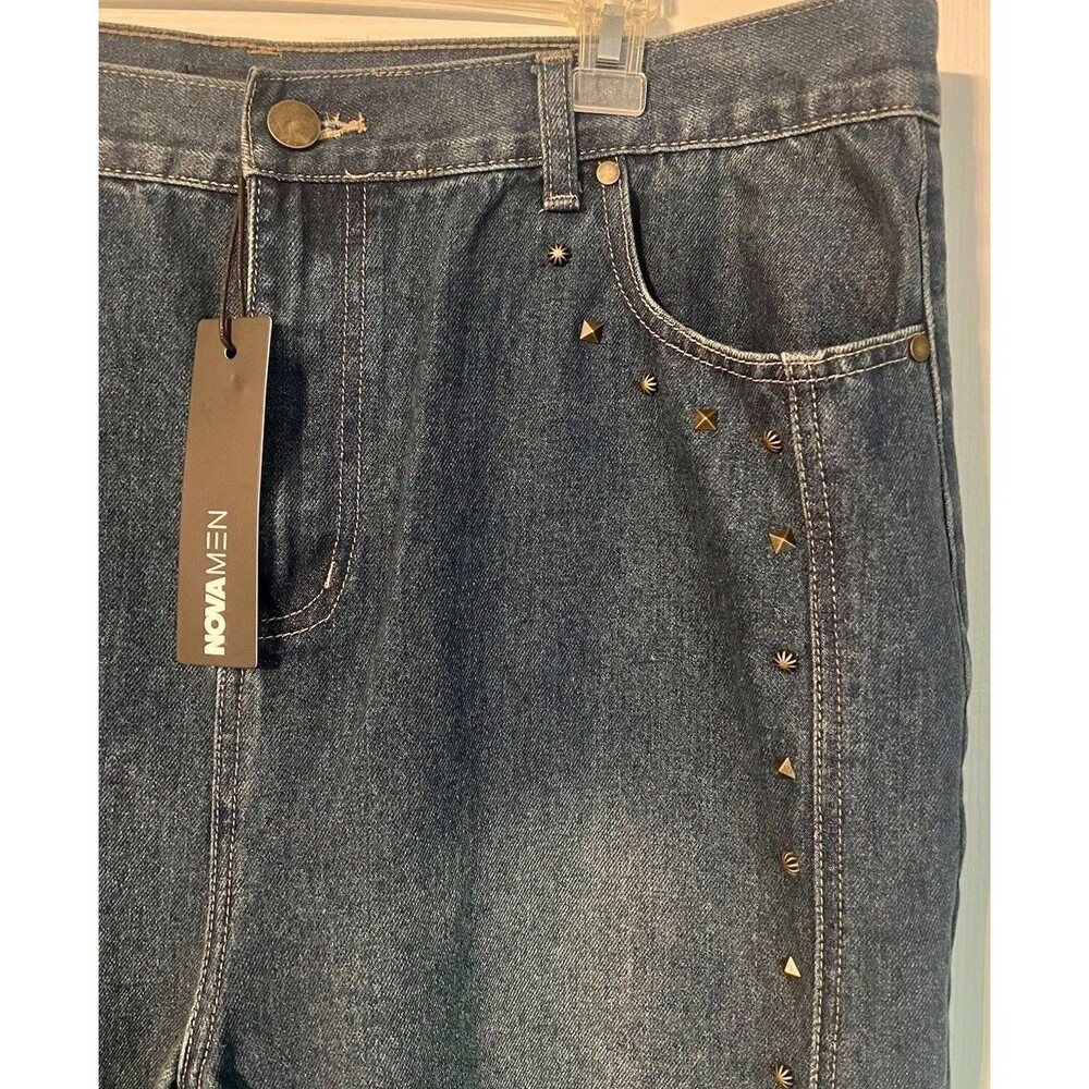 NovaMen Fashion Nova Studded Straight Leg Jeans Men 36x32 Blue Medium Wash NWT